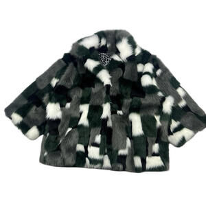 Diesel Faux Fur Coat Jacket Patchwork Green Gray Size M